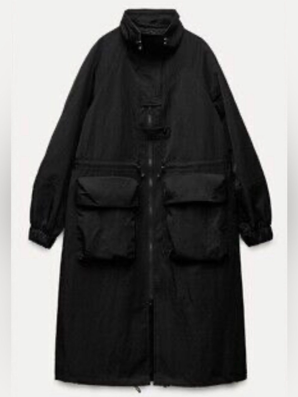 ZARA Water Repellent Oversized Park Trench Coat L Black Utility Gorpcore Long
